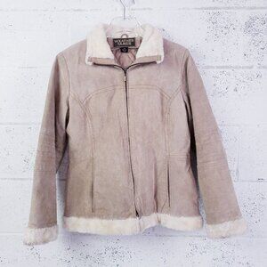 VTG Weather Tamer Suede Leather Coat Faux Fur‎ Trim Size Medium Tan Beige